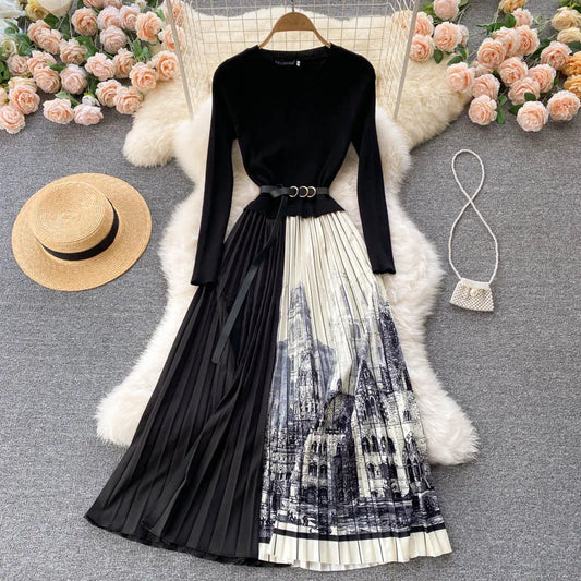 Women Pleated Dress Fashion Korean Long Sleeve Splice Print