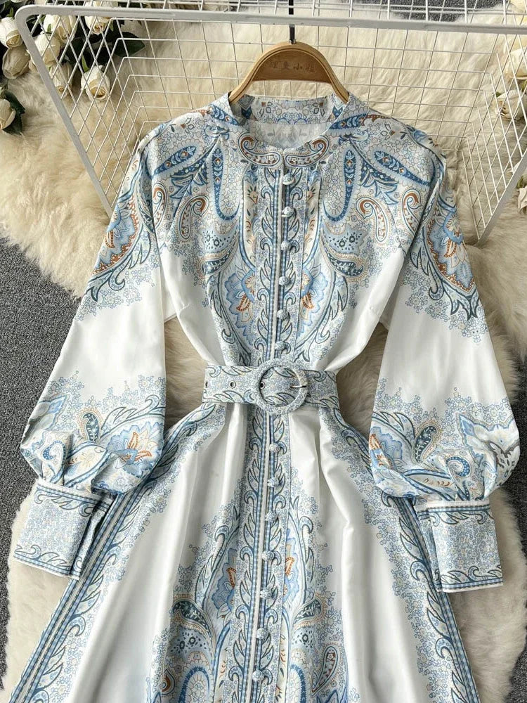 New Women Vintage Party Dress Fashion Long Sleeve Single Breasted Stand Collar Elegant Printed Long Dresses Spring Autumn Robe