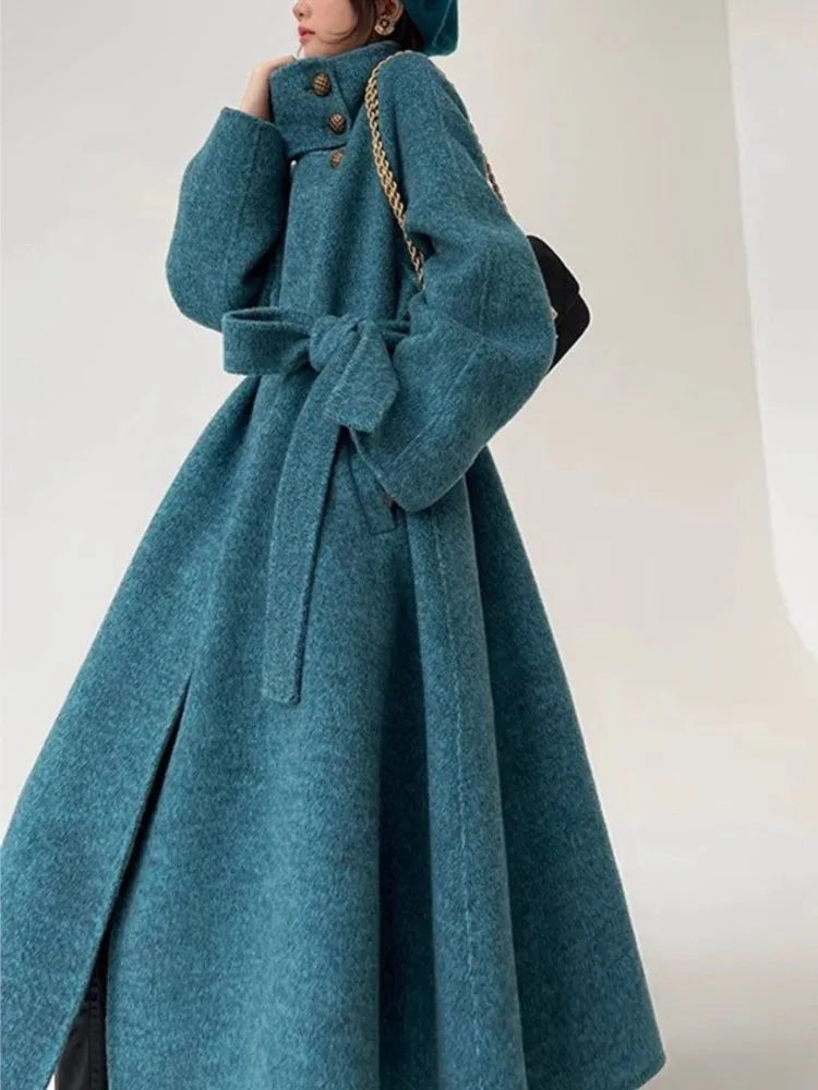 High-end Stand Collar Blue Woolen Overcoat for Women Luxury Elegant Long Jacket