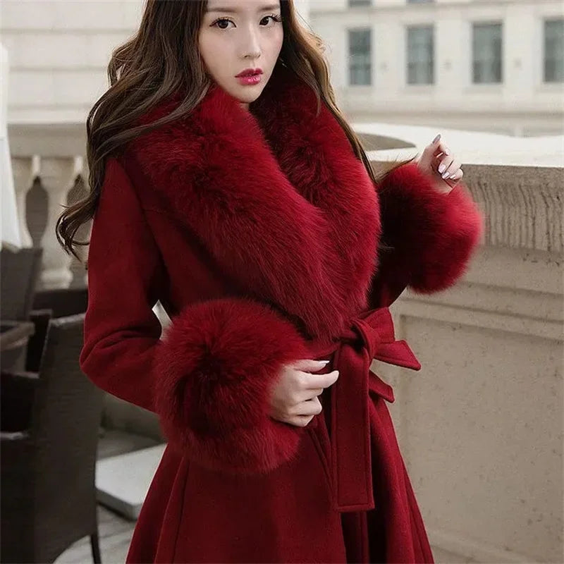 Winter Coat Mid Length Red Wrapped Waist