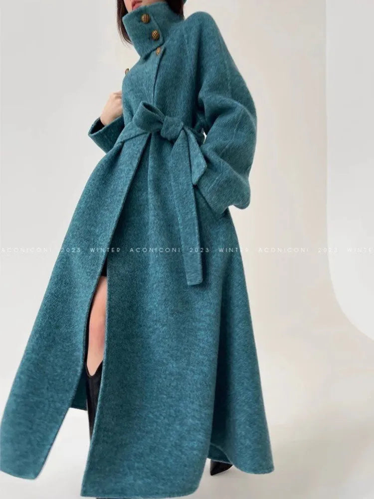 High-end Stand Collar Blue Woolen Overcoat for Women Luxury Elegant Long Jacket