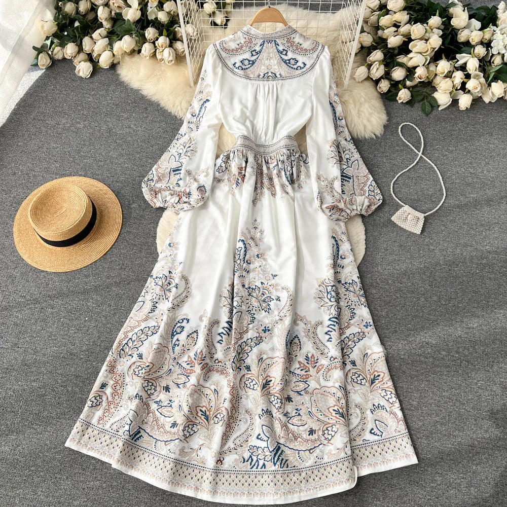 Summer Long Dress for Women Boho Long Sleeve Printed Indie Folk Half Open Collar Female Tarf Party Evening Luxury Vestidos New