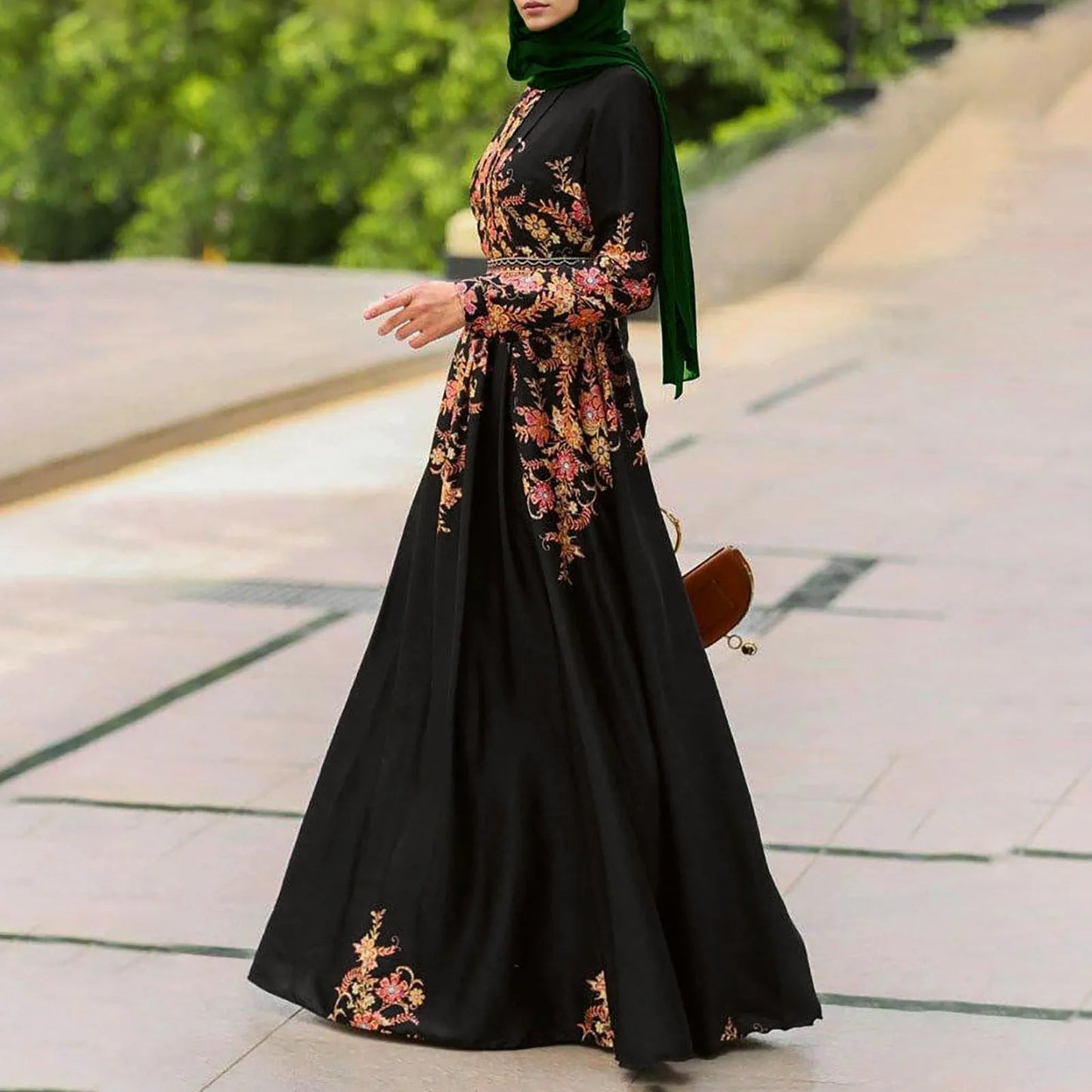 Women Muslim Dress Black Robe Floral Long Maxi Dress