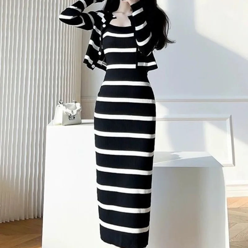 Long Sleeved Knitted Tops Striped Slim Straight Dress Two Piece Set