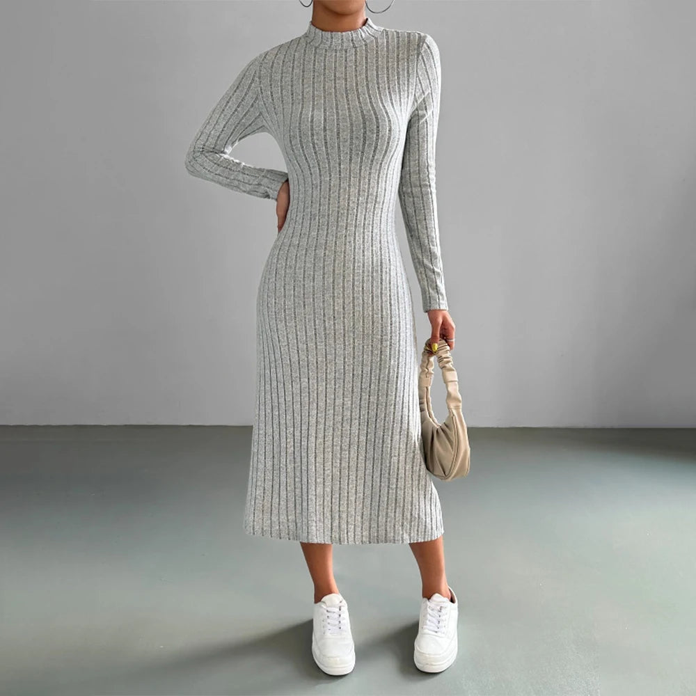 Solid Color Long Sleeve Dress Elegant Slim Fit