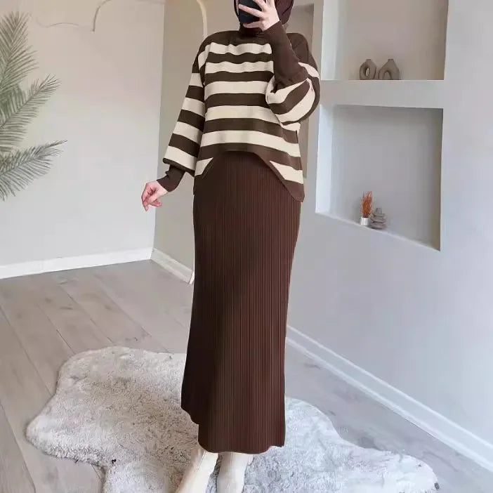 Middle Eastern Knitted Vest Dress, Ribbed One-piece, Striped Top Suit.