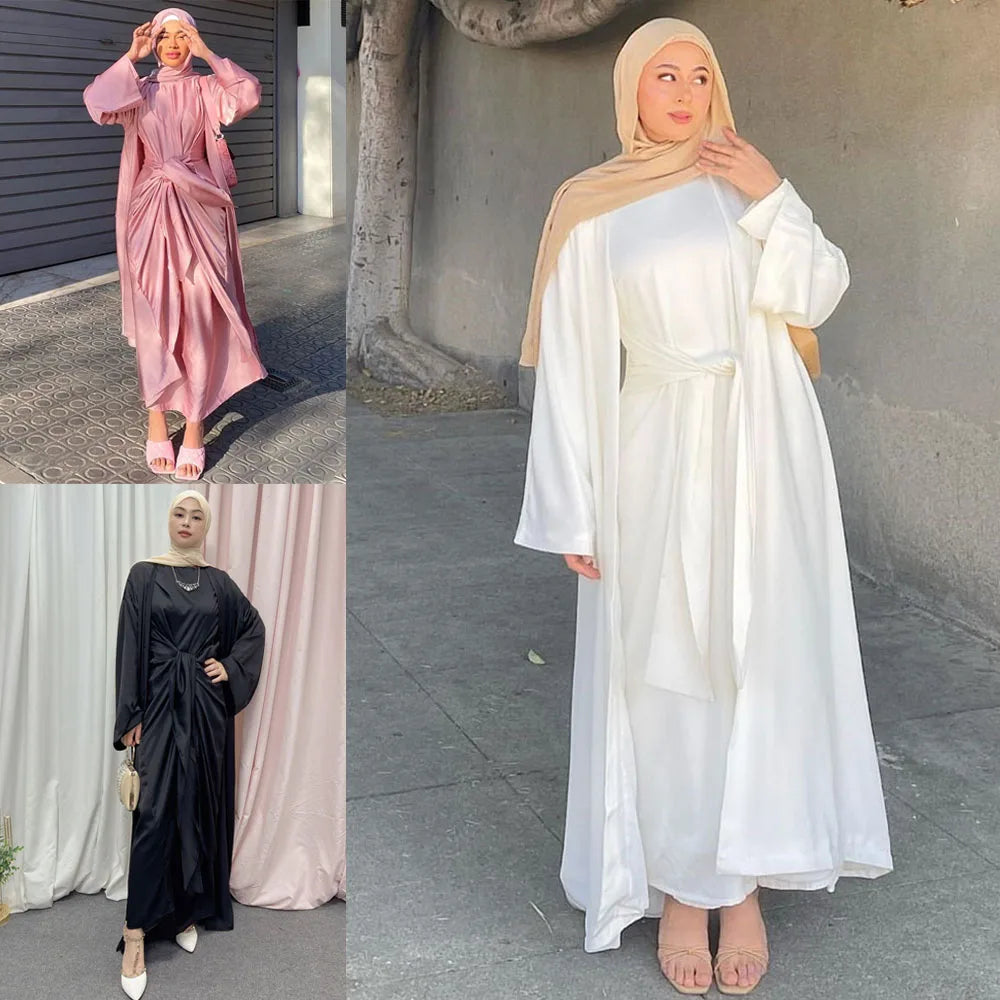 2 Pieces Muslim Kaftan Abaya Set for Women Satin Open Abaya Long Dress Wrap Skirt Match Suit Dubai Turkey Modest Outfit Ramadan