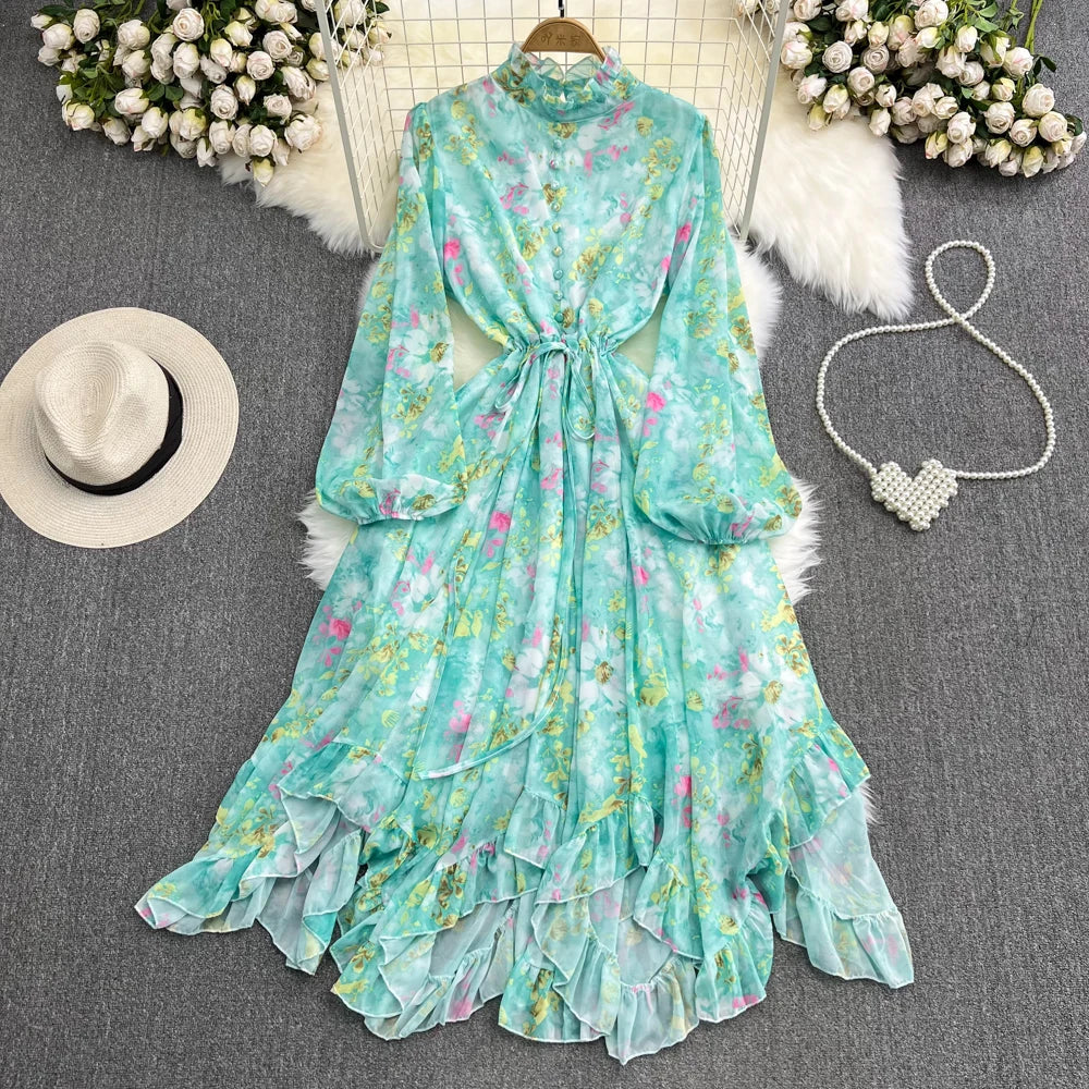 Retro Floral Print   Bandage Elegant Chiffon Dress A-line Lantern Sleeve  Casual Lace-up High Waist Dress Women Summer