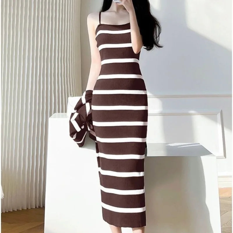 Long Sleeved Knitted Tops Striped Slim Straight Dress Two Piece Set