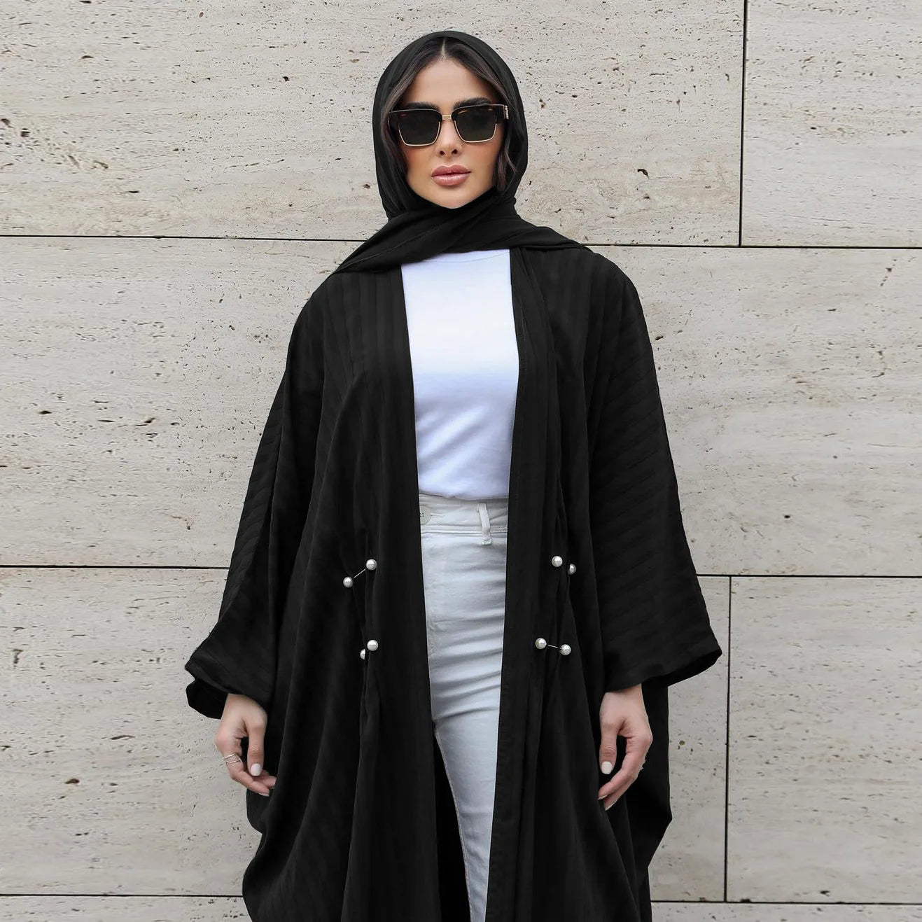 Batwing Abaya Kimono Arabic Cardigan Muslim Long Hijab Dress Black Stripe