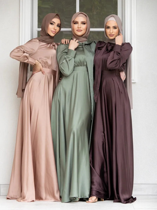 Modest Dubai Abaya Hijab Islam Ramadan Robe Femme Kaftan Formal Evening Maxi Dresses Muslim Fashion Women Satin Prom Long Dress