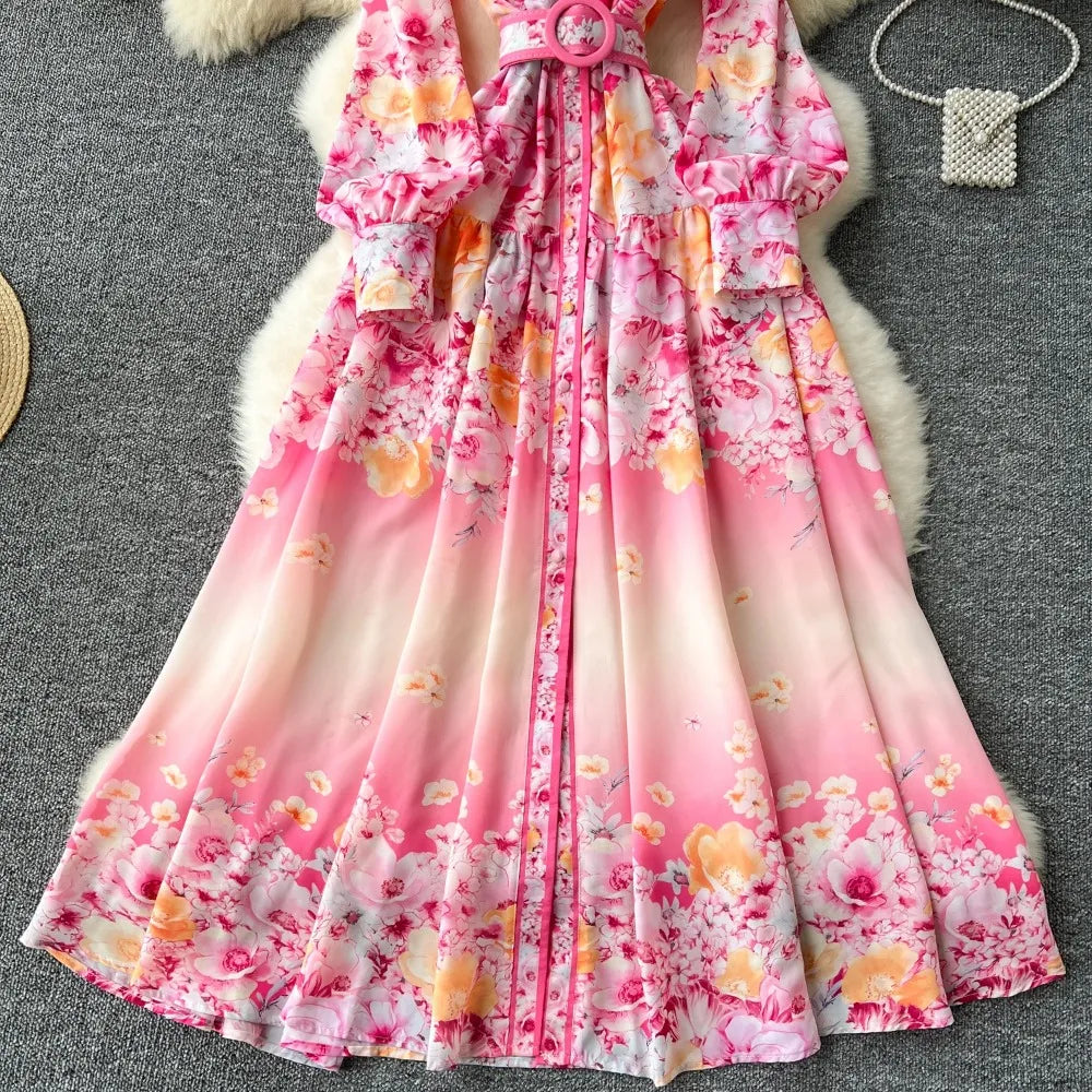 Retro Print Elegant lool sleeve vneck sashes Single Breasted Dress A-line Casual High Waist Women Summer Dresses