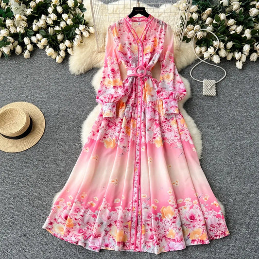 Retro Print Elegant lool sleeve vneck sashes Single Breasted Dress A-line Casual High Waist Women Summer Dresses