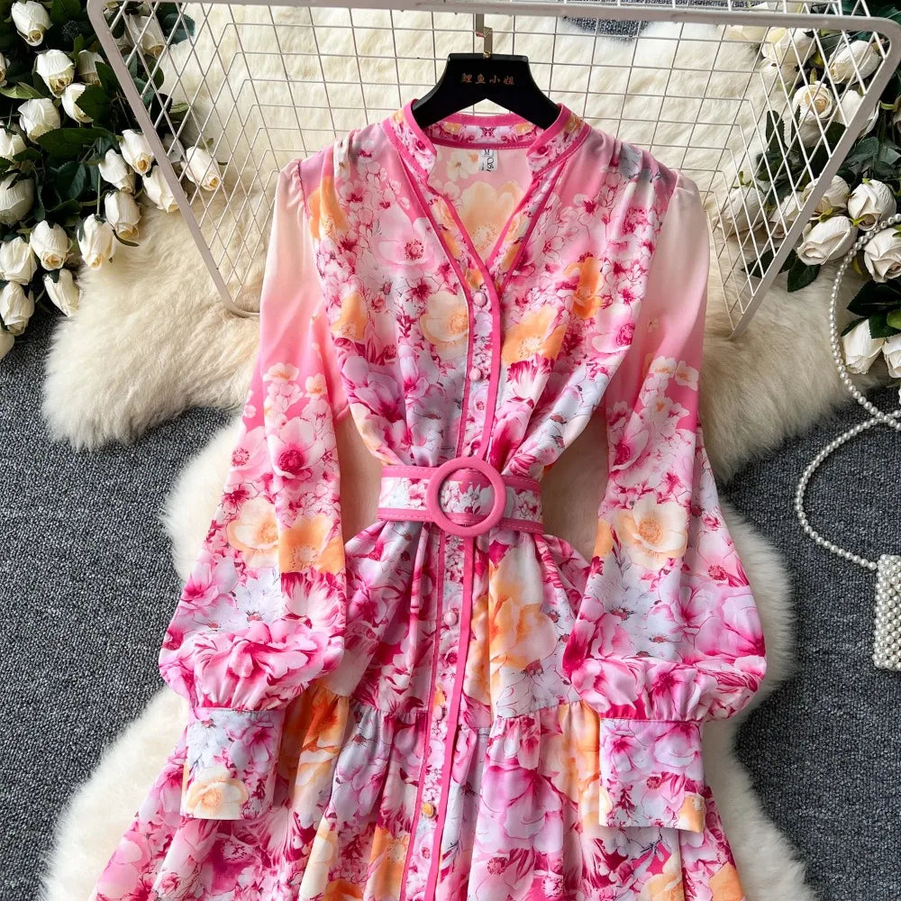 Retro Print Elegant lool sleeve vneck sashes Single Breasted Dress A-line Casual High Waist Women Summer Dresses