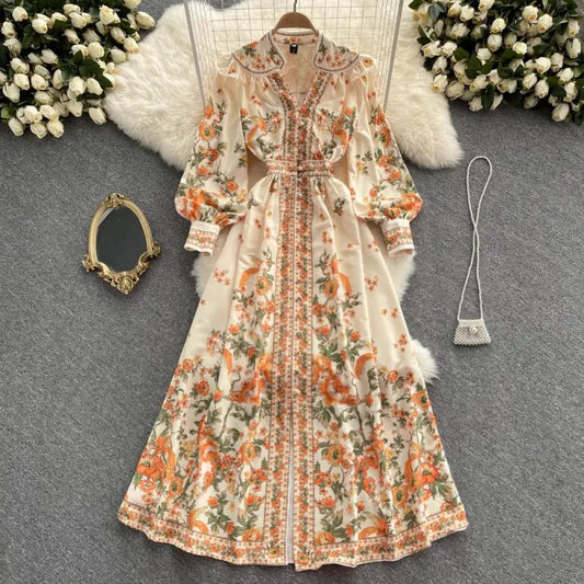 New Dress Autumn Vintage Chiffon Single Breasted Lady Full Dress