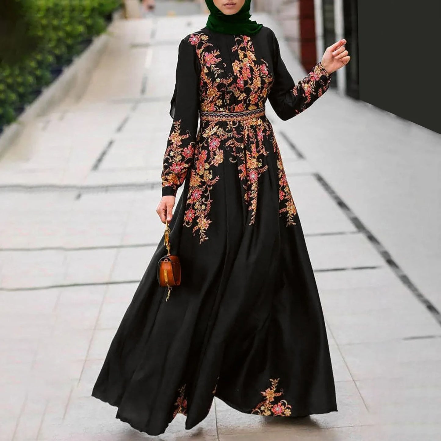 Women Muslim Dress Black Robe Floral Long Maxi Dress