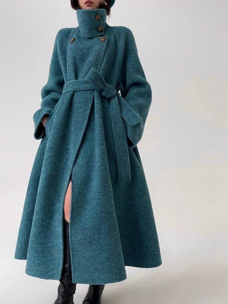 High-end Stand Collar Blue Woolen Overcoat for Women Luxury Elegant Long Jacket