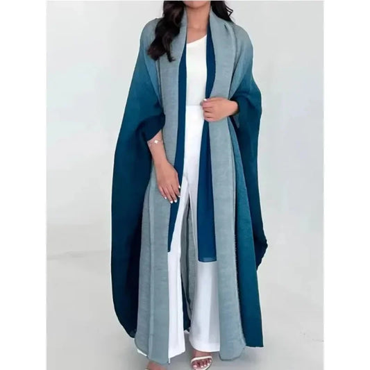 Wrinkled Women's Windbreaker Jacket Bat Sleeve Scarf Collar, Gradient Long Robe Fashion Retro Coats and Jackets Women