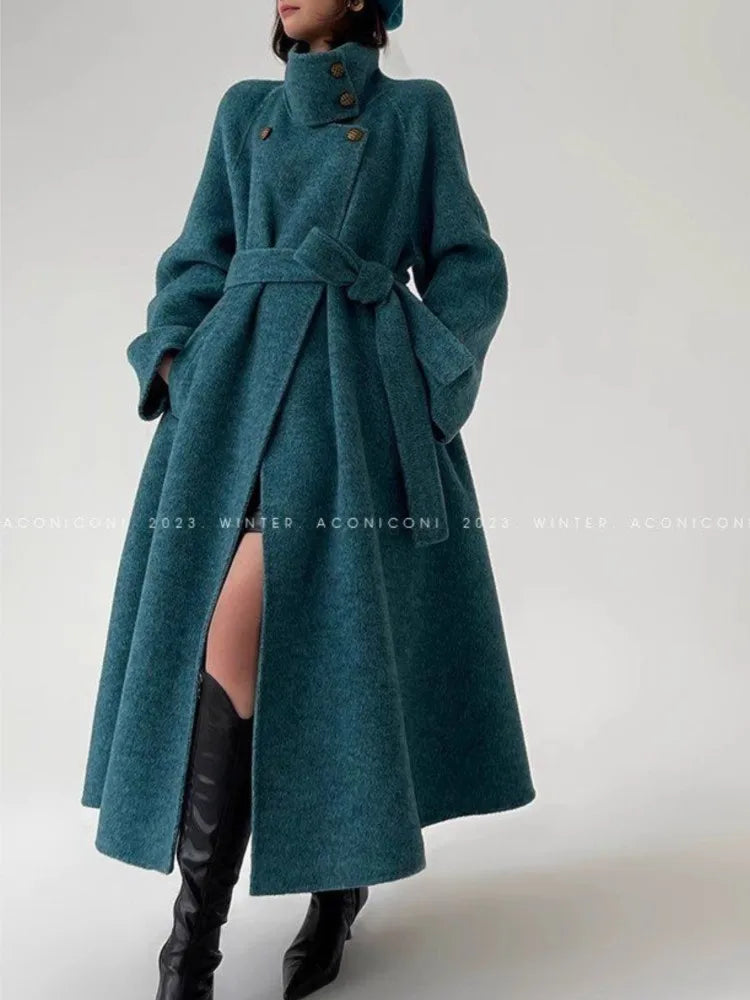 High-end Stand Collar Blue Woolen Overcoat for Women Luxury Elegant Long Jacket