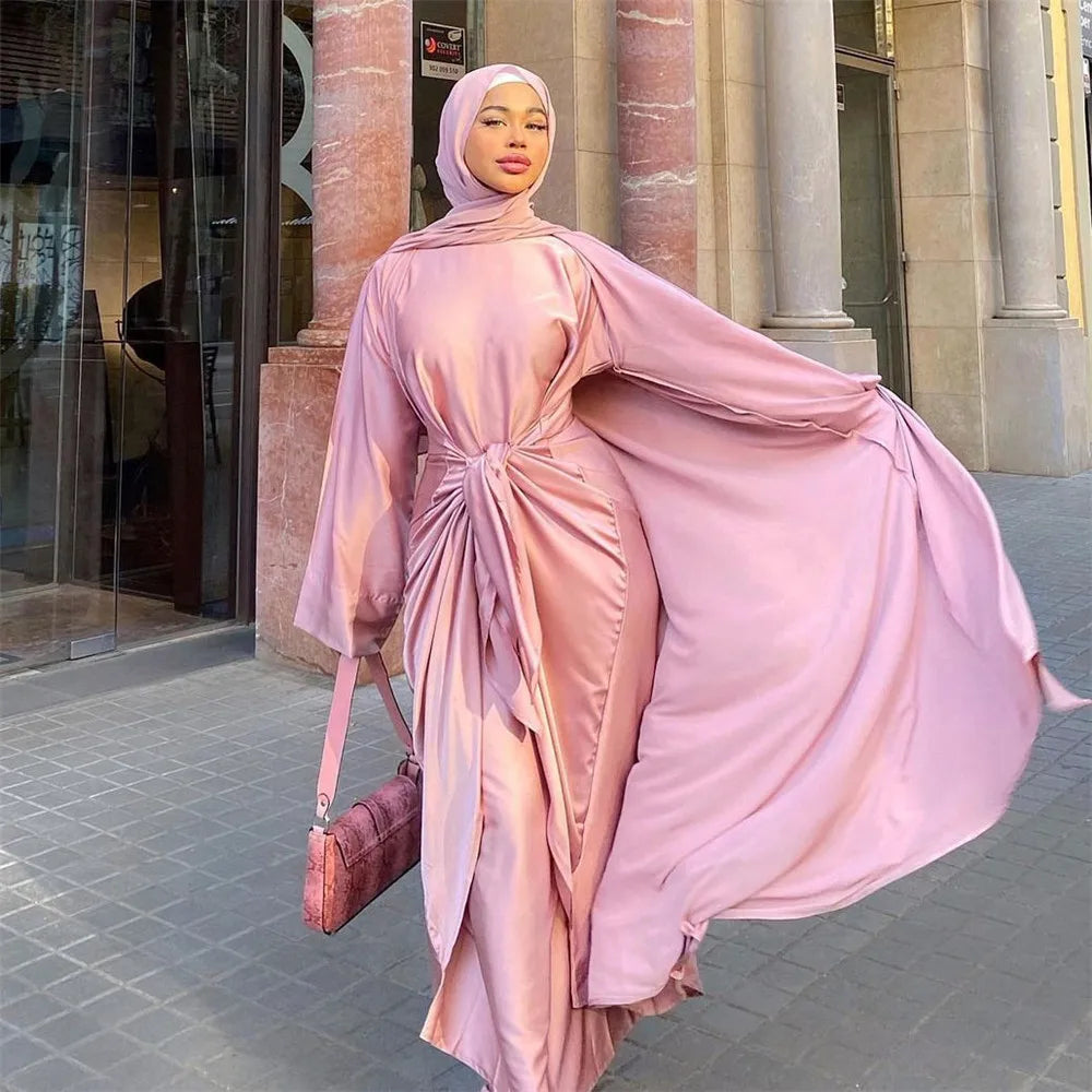 2 Pieces Muslim Kaftan Abaya Set for Women Satin Open Abaya Long Dress Wrap Skirt Match Suit Dubai Turkey Modest Outfit Ramadan