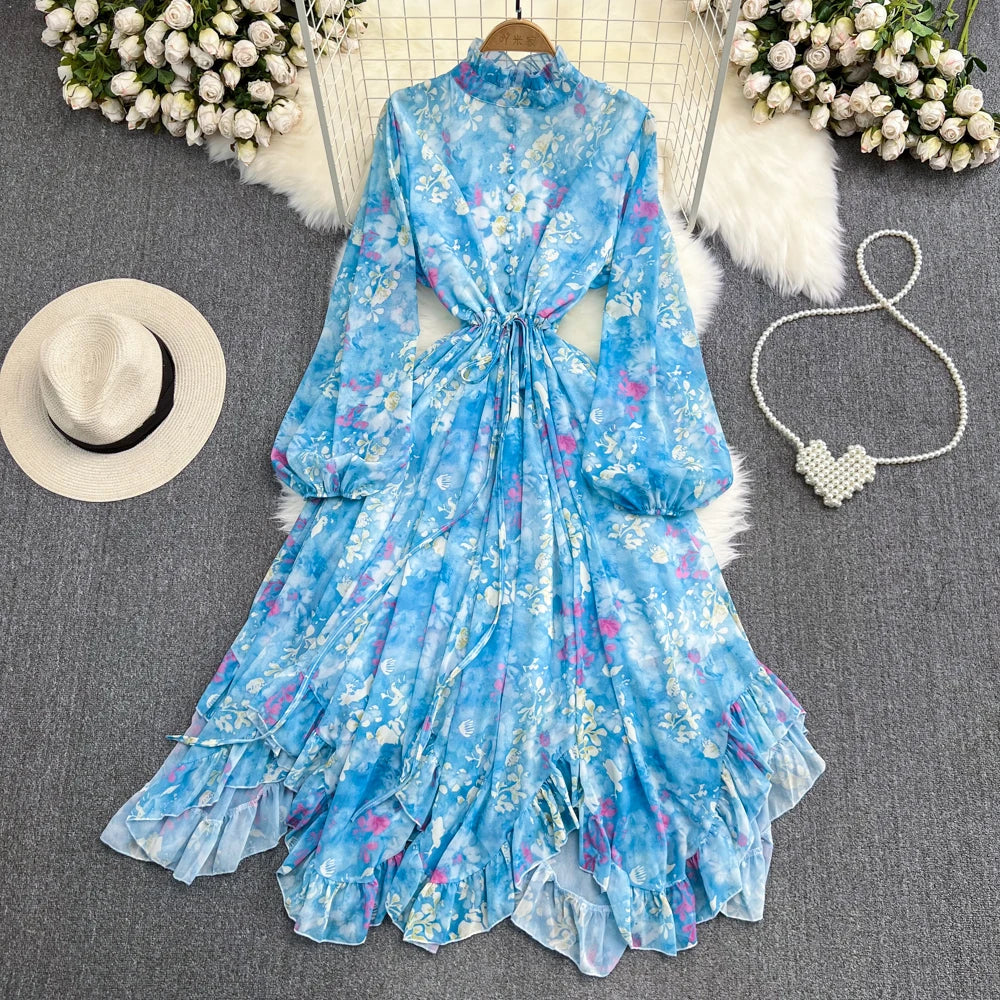 Retro Floral Print   Bandage Elegant Chiffon Dress A-line Lantern Sleeve  Casual Lace-up High Waist Dress Women Summer