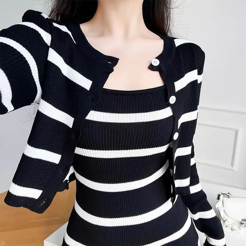 Long Sleeved Knitted Tops Striped Slim Straight Dress Two Piece Set