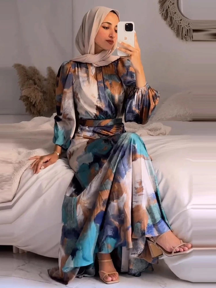 Eid Arab Muslim Party Dress for Women Abaya Print Jalabiya Long Dresses Morocco Kaftan Vestidos Dubai Ramadan Gown Robe 2024