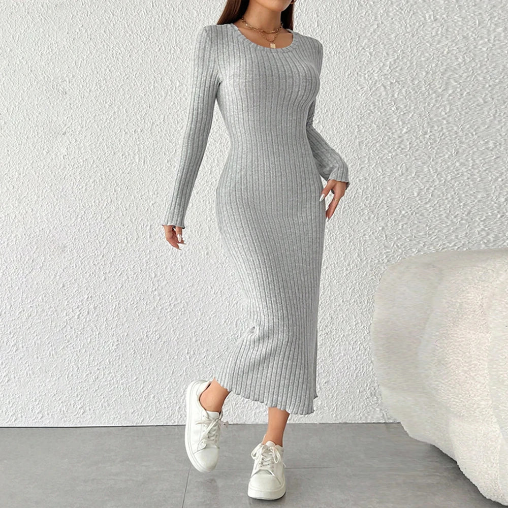 Solid Color Long Sleeve Dress Elegant Slim Fit