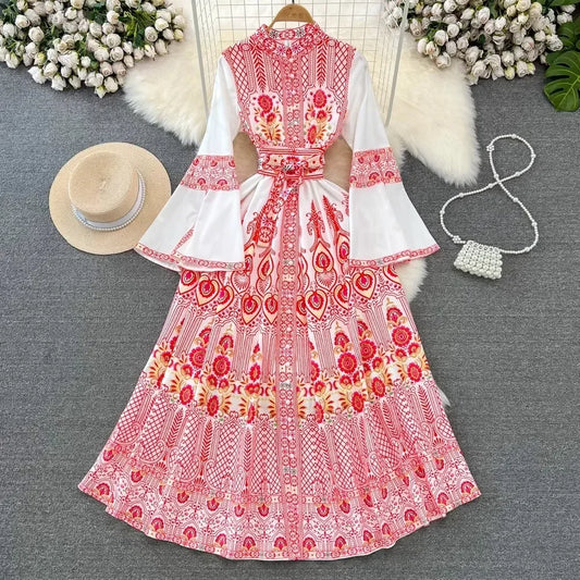 Elegant Dress for Women Floral Print Lapel Single Long Flare Sleeve Dress