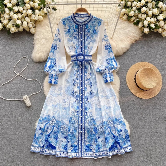 Vintage Women Dresses New Sales Lapel Single Long Puff Sleeve Floral Print Skinny Vestidos Court Style Autumn Dress