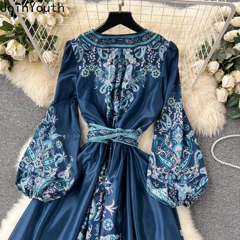 Vintage Women Dress Lantern Sleeve Bandage Slim Waist Maxi Dress