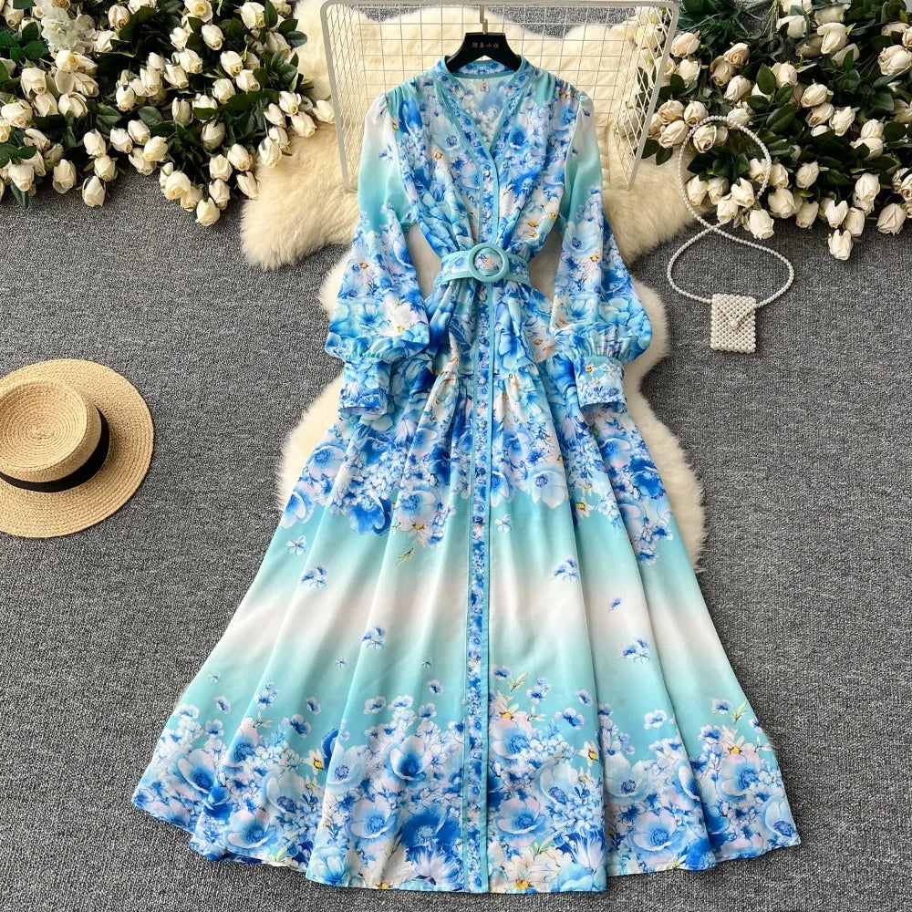 Retro Print Elegant lool sleeve vneck sashes Single Breasted Dress A-line Casual High Waist Women Summer Dresses