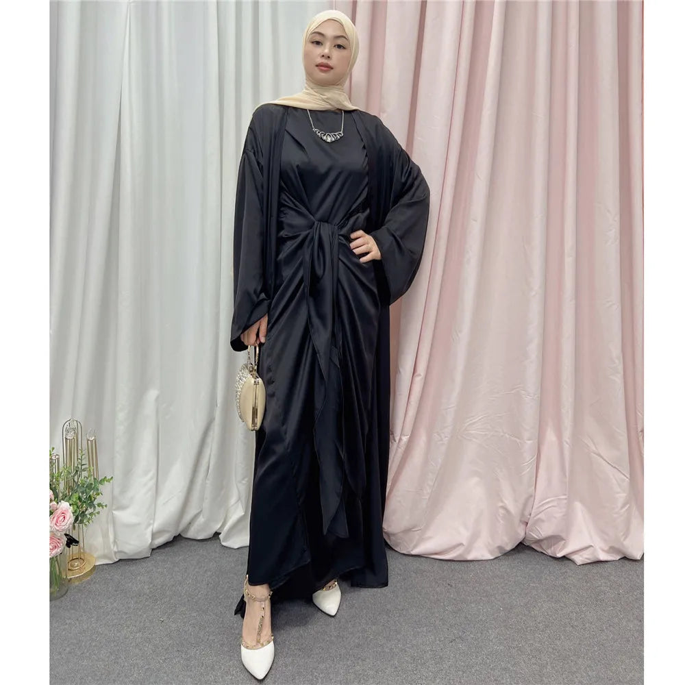 2 Pieces Muslim Kaftan Abaya Set for Women Satin Open Abaya Long Dress Wrap Skirt Match Suit Dubai Turkey Modest Outfit Ramadan