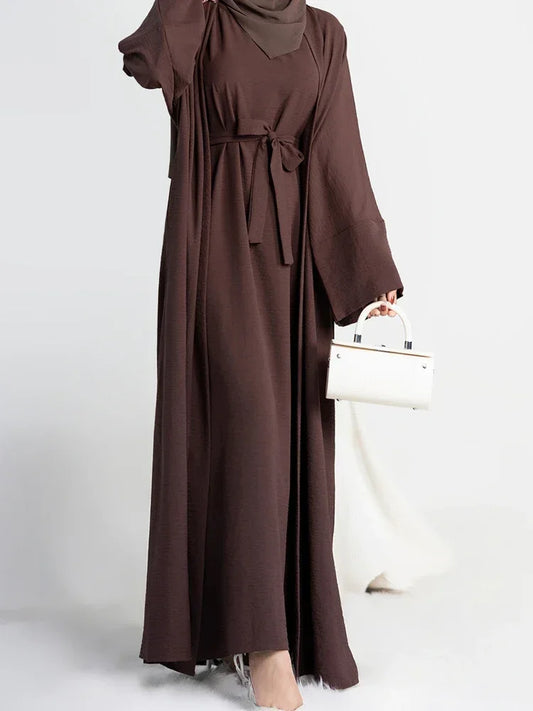 Muslim Woman Set 2 Piece Abaya Kimono with Sleeveless Inner Dress Simple Matching Outfits Dubai Turkey Casual Islamic Clothing