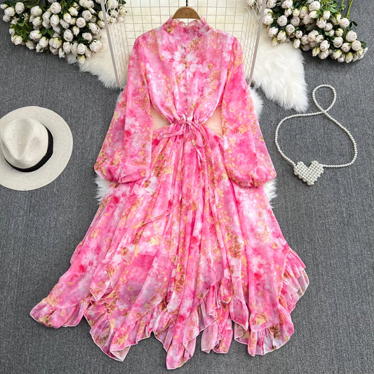 Retro Floral Print   Bandage Elegant Chiffon Dress A-line Lantern Sleeve  Casual Lace-up High Waist Dress Women Summer