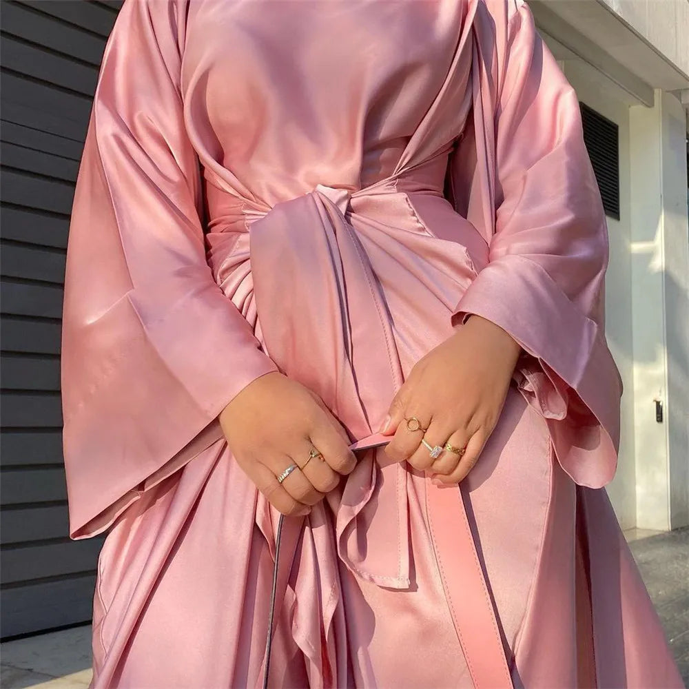 2 Pieces Muslim Kaftan Abaya Set for Women Satin Open Abaya Long Dress Wrap Skirt Match Suit Dubai Turkey Modest Outfit Ramadan