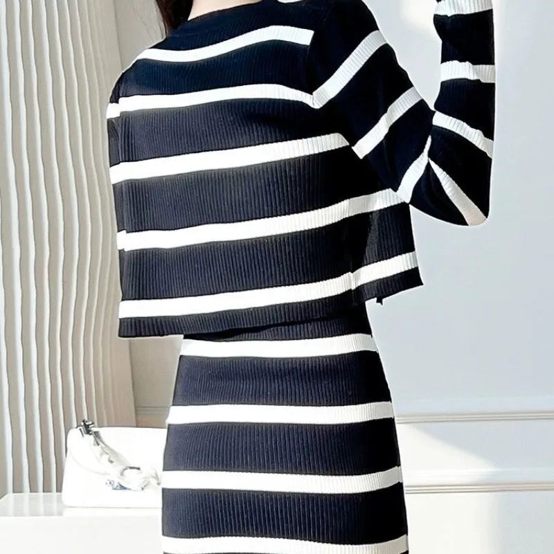 Long Sleeved Knitted Tops Striped Slim Straight Dress Two Piece Set