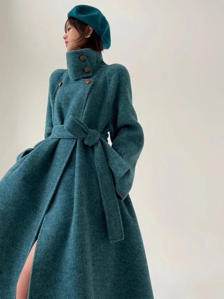 High-end Stand Collar Blue Woolen Overcoat for Women Luxury Elegant Long Jacket