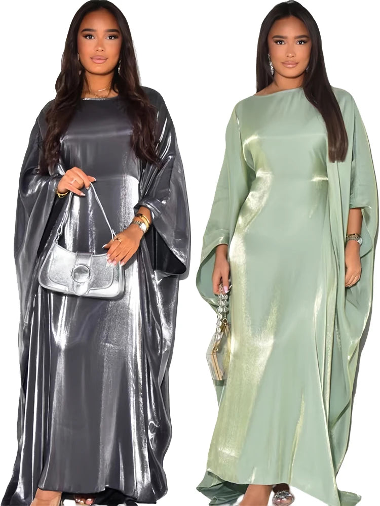 Satin Abaya Islam Muslim Summer Batwing Sleeve Maxi Dress Kebaya Abayas For Women Kaftan Robe